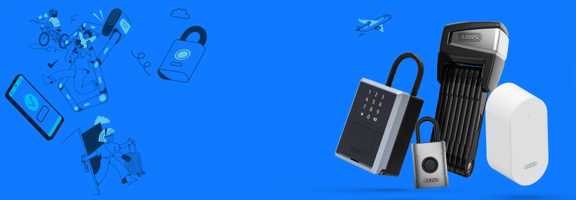 Illustrationer og produkter (KeyGarage One, Bridge One, EVEROX, BORDO One) mod en blå baggrund © ABUS