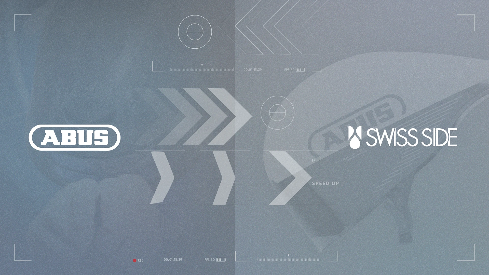 ABUS and SwissSide logos on a light blue background with a TimeShifter TT helmet in a wind tunnel setup © ABUS