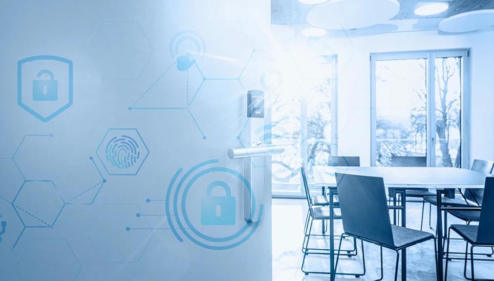 Bild in Blautönen: links verschiedene wabenförmige Symbole für Sicherheitstechnik, rechts Blick in einen Besprechungsraum mit Tisch und Stühlen.