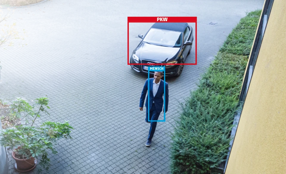 Kamera erkennt Objekte und unterscheidet z.B. wie hier zwischen Mensch und Fahrzeug.