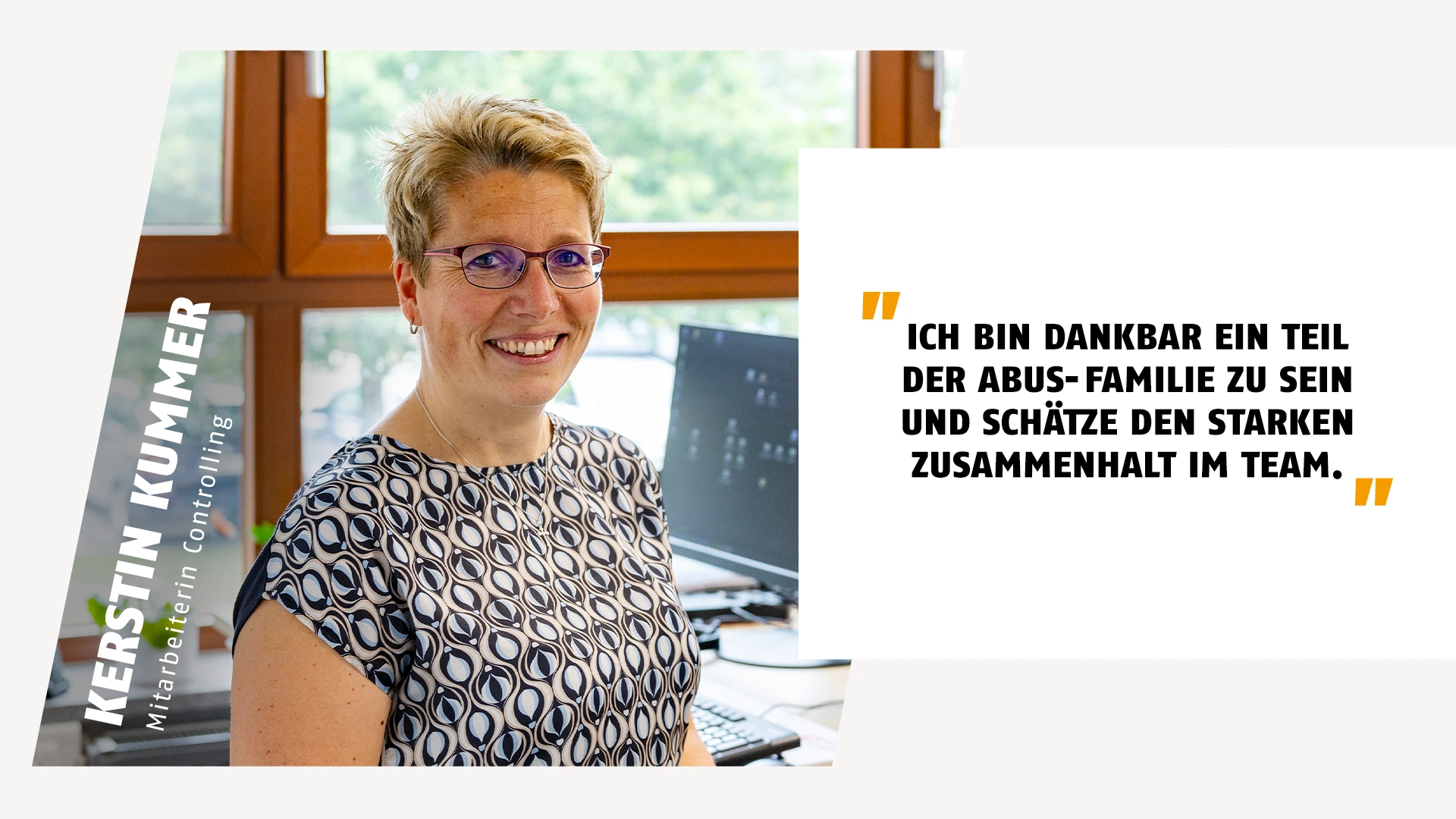 Portrait einer Mitarbeiterin aus dem Controlling mit Zitat über ihre Wertschätzung im Job © ABUS