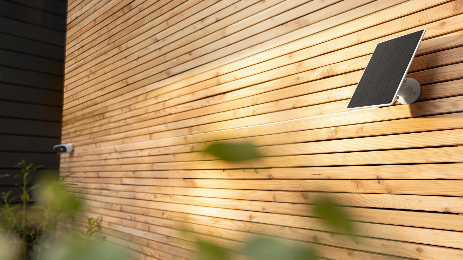 Am rechten Bildrand das zu Akku Kamera Pro passende Solarpanel, das durch ein Strom-Verlängerungskabel mit dieser Kamera am linken Bildrand verbunden ist.