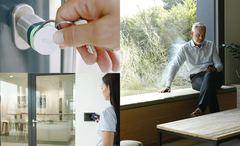 Collage aus Bilderkacheln zum Thema Zutrittskontrolle mit wAppLoxx: ob per Chip oder über die App.