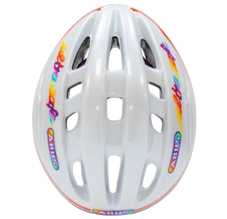 A white ABUS Ultra Safe helmet with the colourful inscription "Ultra Safe ABUS" © ABUS
