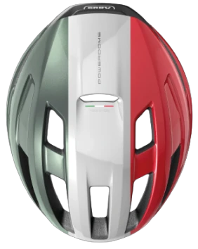 Ein ABUS PowerDome Helm in den Farben der italienischen Flagge aus der Vogelperspektive © ABUS
