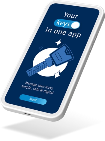 Smartphone met tekst op het scherm: "Uw sleutels in één app. Beheer uw sloten eenvoudig, veilig & digitaal" © ABUS