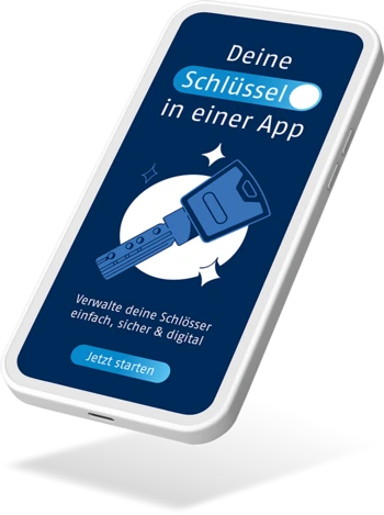 Smartphone mit Schrift auf dem Screen: "Deine Schlüssel in einer App. Verwalte deine Schlösser einfach, sicher & digital" © ABUS