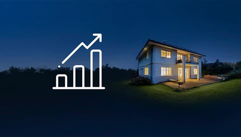 Huis bij nacht met stijgende balkgrafiek voor misdaadstatistieken © Abus