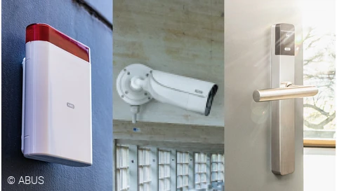 Dreigeteiltes Bild mit (von links nach rechts) einer Außensirene, einer Tube-Kamera und einem Türbeschlag mit elektronischem Tür-Zylinder. © ABUS