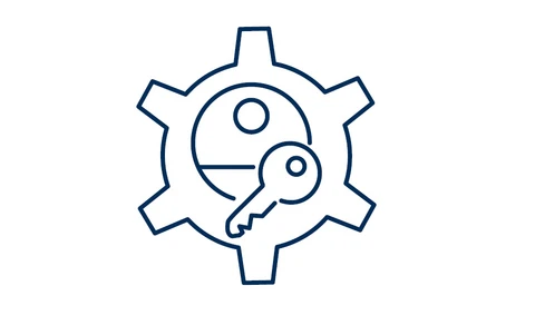 Icon Creating flexibility: a cogwheel in the background, the inner circle represents a proximity chip. In the foreground, a conventional key.