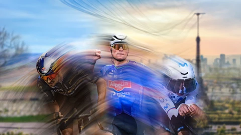Tour de France 2026 graphic featuring professional cyclists (Movistar, Alpecin Premier Tech, Pinarello Q36.5) in action with dynamic motion blur © ABUS