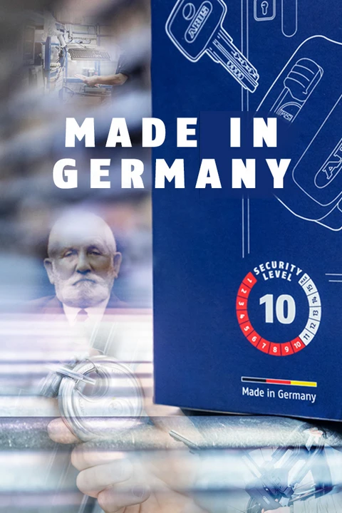 A photo collage showing several ABUS products "Made in Germany" and the founder August Bremicker. ©ABUS