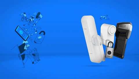 Illustrationer og produkter (WINTECTO, LOXERIS, EVEROX, BORDO One) mod en blå baggrund © ABUS