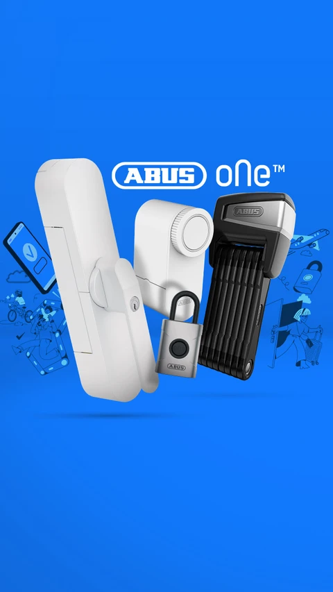 Illustrationen und Produkte (WINTECTO, LOXERIS, EVEROX, BORDO One) vor blauem Hintergrund © ABUS