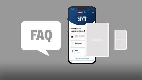 Smartphone with an app screen and SENSOR One on a grey background, featuring a speech bubble labelled ‘FAQ’ © ABUS