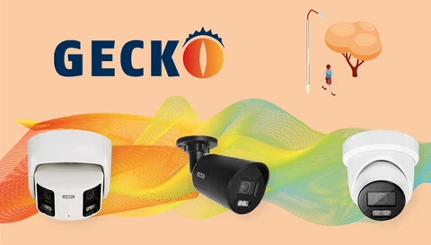 Produktbilder verschiedener Kameras aus der Gecko-Serie vor einem bunten Hintergrund.