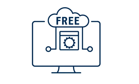 Icon intuitive Software: blaue Linienzeichnung eines Monitors. Darin ein Wolkenymbol mit der Aufschrift free.