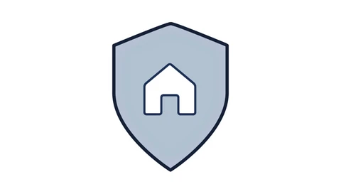 Grey coat of arms-shaped symbol with the line drawing of a white house in the centre.