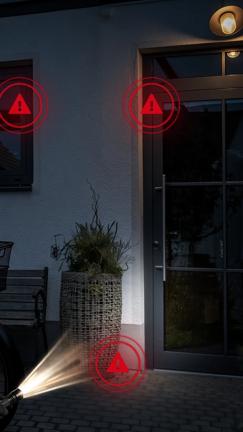 Ein Eingangsbereich bei Nacht, mit Warnzeichen an Tür und Fenster © ABUS Ein Eingangsbereich bei Nacht, mit Warnzeichen an Tür und Fenster © ABUS