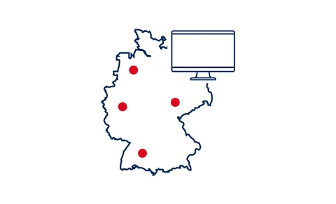 Mapa de Alemania con marcas muy dispersas: la administración central del sistema TECTIQ resume las autorizaciones de acceso en las distintas ubicaciones.