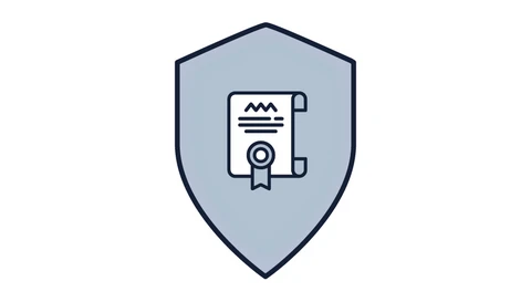 A coat of arms-shaped symbol with a grey background, on which is a white document with a seal. The document is a certificate.