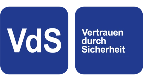 Logo VdS - Vertrauen durch Sicherheit. Weiße Schrift auf blauem Grund.