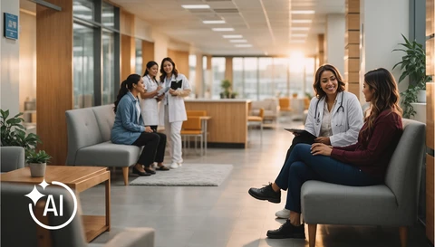 Wartezimmer einer Arztpraxis mit Mitarbeiterinnen und Patientinnen, © ABUS
