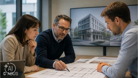 A couple discusses the construction plans with a planner. © ABUS