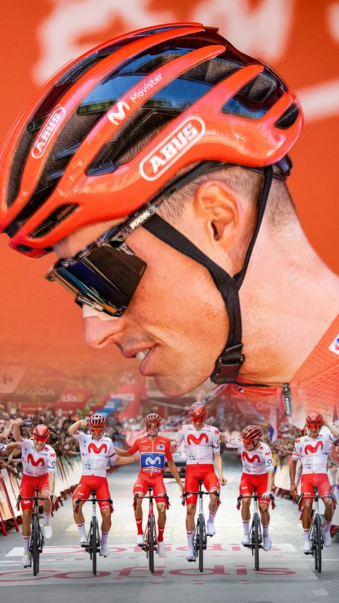 Enrique Mas und das Radsport Team Movistar bei der Vuelta im roten Trikot und rotem Rennradhelm AirBreaker 2.0 im Vordergrund © ABUS Enrique Mas und das Radsport Team Movistar bei der Vuelta im roten Trikot und rotem Rennradhelm AirBreaker 2.0 im Vordergrund © ABUS