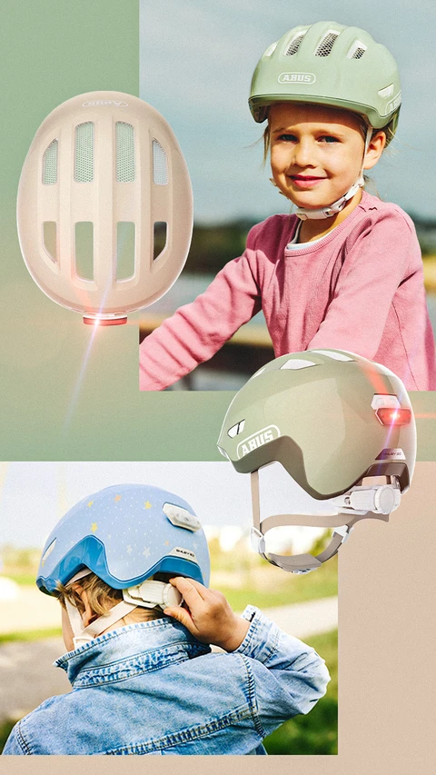 Kinderhelm Smiley 3.0 ACE LED in verschiedenen Ansichten, getragen von Kindern und mit leuchtendem LED-Rücklicht © ABUS
