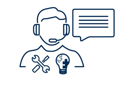 Icon kompetente Beratung: blaue Linienzeichnung einer sprechenden Person mit Headset.
