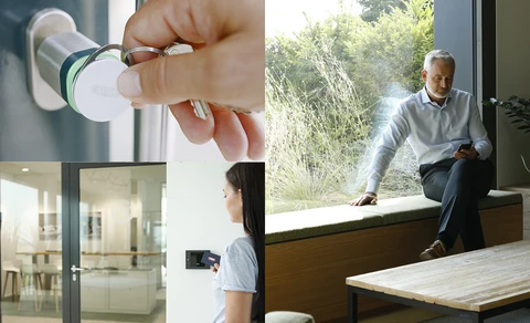 Collage aus Bilderkacheln zum Thema Zutrittskontrolle mit wAppLoxx: ob per Chip oder über die App.