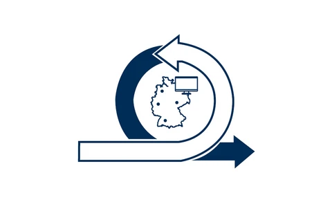 Icon flexibel: Zeichnung Deutschlandkarte umgeben von zwei halbkreisförmigen Pfeilen