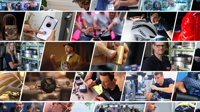 Collage mit Mitarbeitenden bei der Entwicklung und Produktion von ABUS Sicherheitslösungen sowie Produkten wie Schlössern und Fahrradhelmen © ABUS
