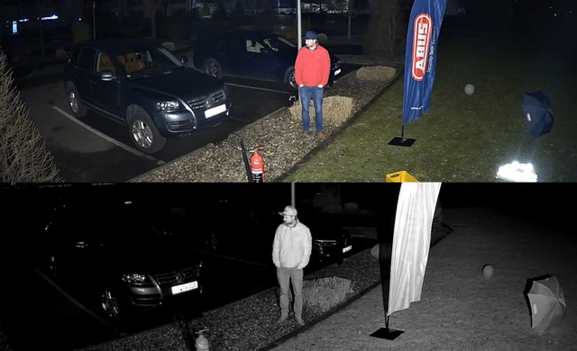Vergleich von Nachtaufnahmen: in der oberen Bildhälfte Aufnahme mit Farbnachtsicht-Kamera, in der untern Bildhälfte mit herkömmlicher Kamera.