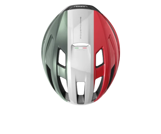 Ein ABUS PowerDome Helm in den Farben der italienischen Flagge aus der Vogelperspektive © ABUS