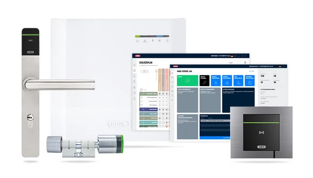 ABUS Tectiq Zutrittskontrollsystem mit Türbeschlag, Zylinder, Wandleser und Softwareoberfläche © ABUS