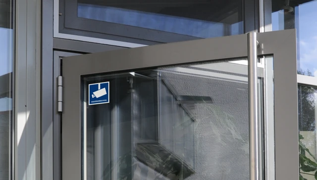 Warnaufkleber Videoüberwachung an einer Eingangstüre.