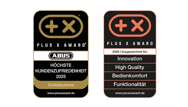 Auszeichnung Plus X Award ABUS 2025 und 2026 auf schwarzem Grund
