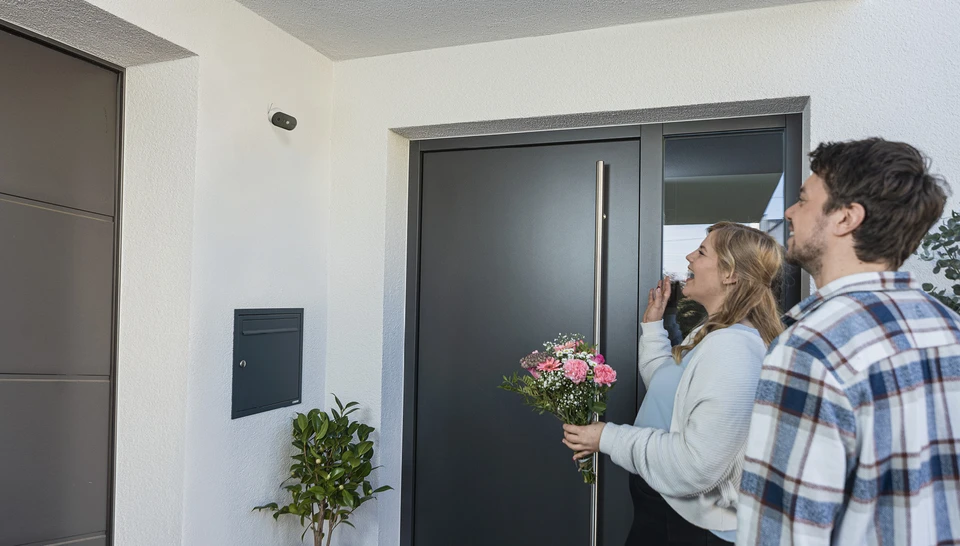 Ein junges Paar steht vor einer Haustüre und winkt lächelnd in die ABUS WLAN Akku Kamera. Der Bewohner des Hauses sieht also wer vor der Türe steht, ohne diese öffnen zu müssen.