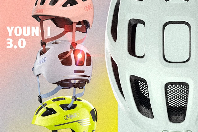 ABUS Youn-I 3.0 children’s helmets in various colours, including pink, grey and neon yellow © ABUS