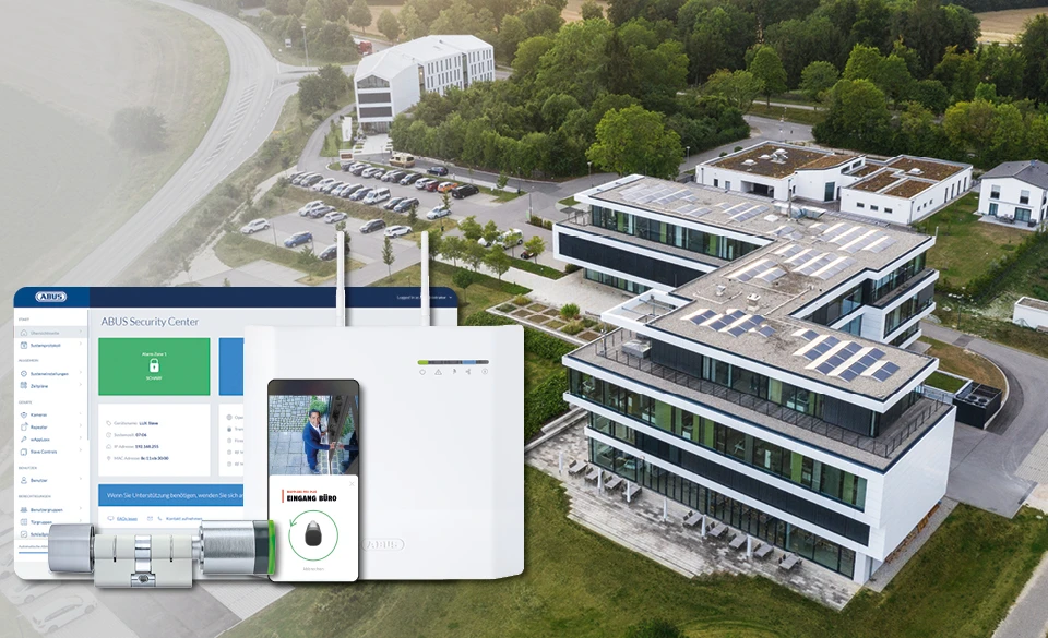 Bürogebäude, links Abbildung des wAppLoxx-Schlließplans und eines wAppLoxx-Zylinders