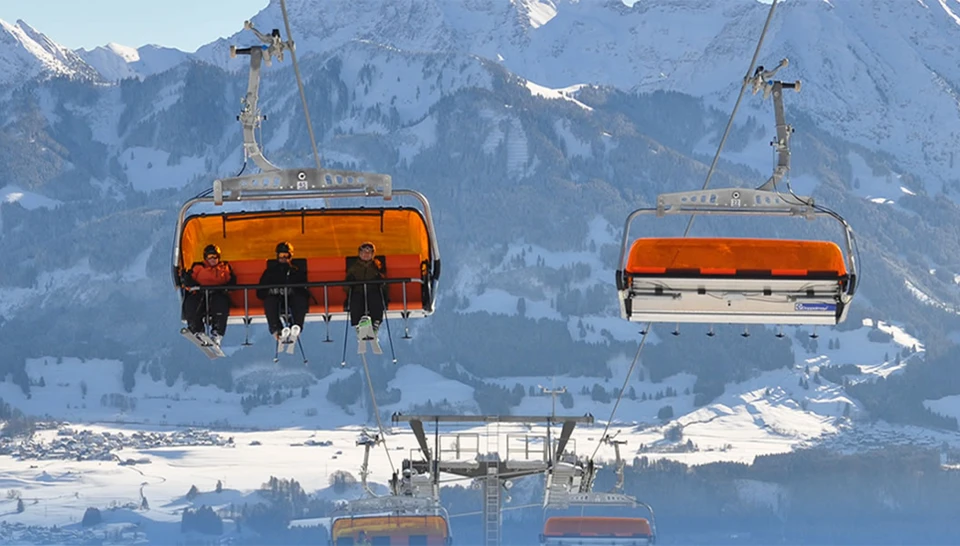 Die winterliche Landschaft der Hörnerbahn mit Gondeln