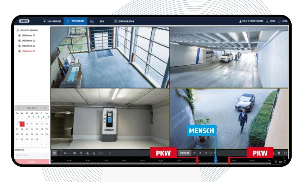 Monitor mit Live-Ansicht verschiedener Kamera-Bilder: Blick auf Eingangstüre, Tiefgarage, Parkautomat und Gelände.