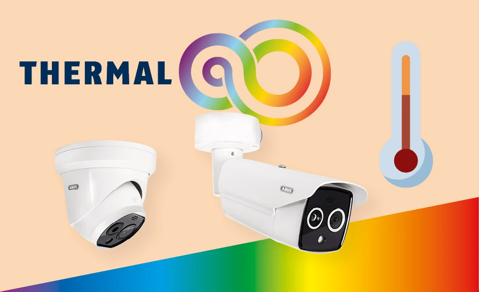 Produktbilder von ABUS Thermal-Kameras. Im unteren Bildbereich eine Farbskala im Regenbogenspektrum; am rechten Bildrand eine Zeichnung eines Thermometers.