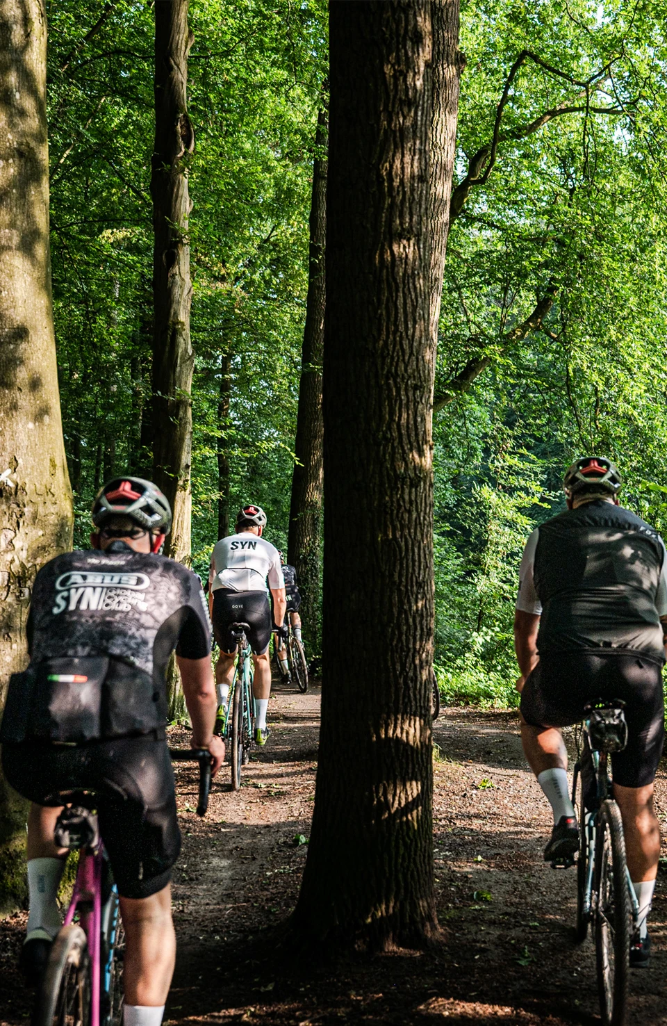 Mehrere Rennradfahrer fahren auf einem schmalen Waldweg durch dichtes Grün © ABUS