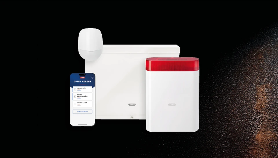 Verschiedene Produkte aus dem Alarm-Sortiment: Bewegungsmelder, App, Zentrale und Innensirene