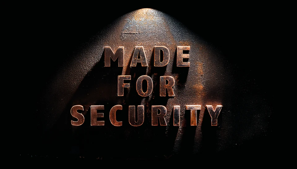 Schriftzug "Made for Security", von links oben angeleuchtet. Industrial style.
