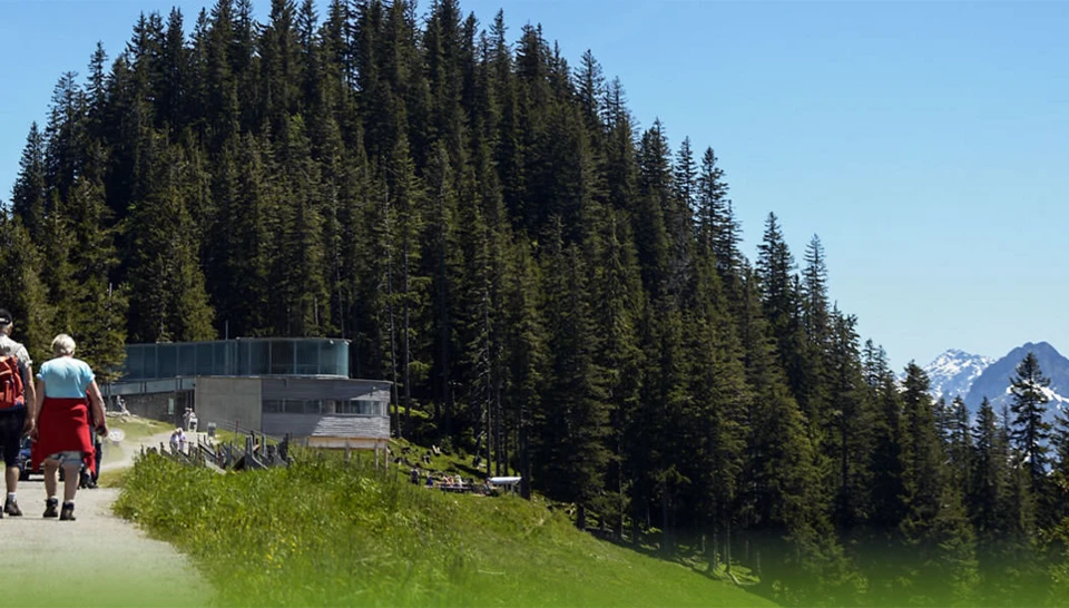 Wanderer auf Wanderwegen der Hörnerbahn mit einer schönen Aussicht auf die Landschaft