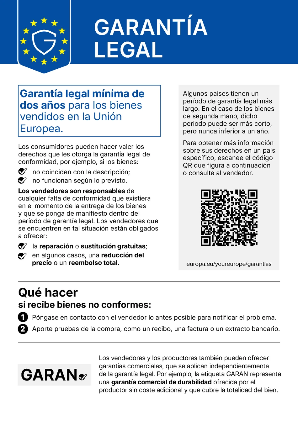 Informaci&oacute;n de la UE sobre la garant&iacute;a legal